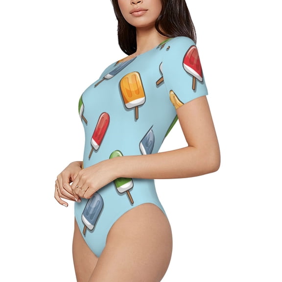 Uemuo Modern Ice Cream Pattern Women's One Piece Short Sleeve Swimsuit Rash Guard Surfing Modest Quick-drying Swimsuit Beach Essentials-Small