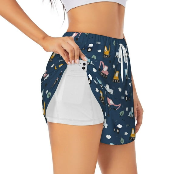 Uemuo Modern Modern Excavator Pattern Women's Athletic Shorts High Waisted Running Shorts with Liner Pockets Gym Elastic Workout Shorts-Medium