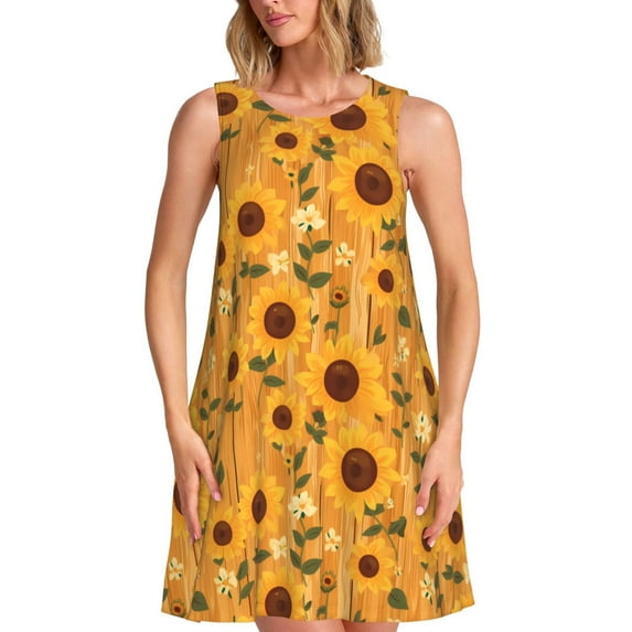 Uemuo Modern Wood Grain Sunflower Pattern Women’s Sleeveless Dress – Casual Summer A-Line Dress, Stylish and Comfortable Sundress for Hot Weather