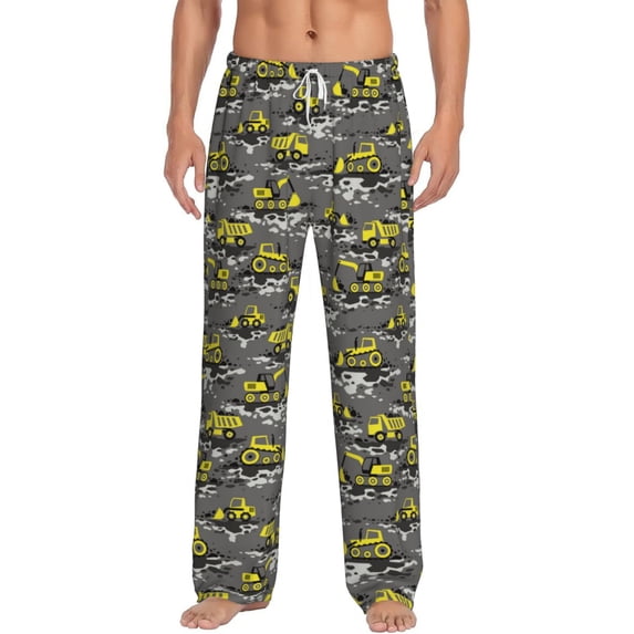 Uemuo Modern Yellow Excavator Pattern Men's Wide Leg Palazzo Lounge Pants with Pockets Light Weight Loose Comfy Casual Pajama Pants-X-Large