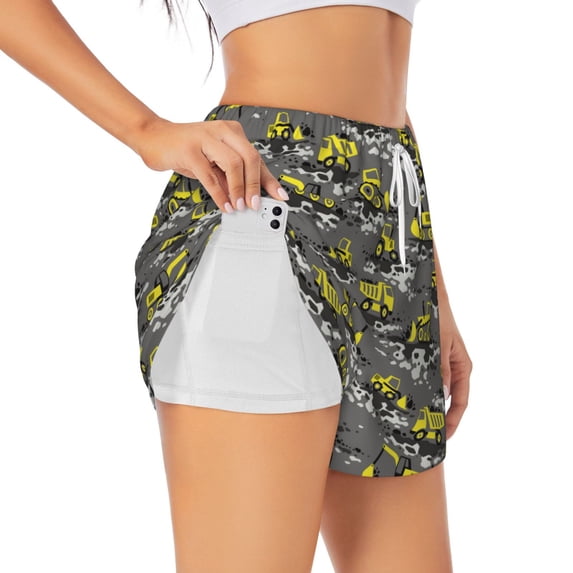 Uemuo Modern Yellow Excavator Pattern Women's Athletic Shorts High Waisted Running Shorts with Liner Pockets Gym Elastic Workout Shorts-X-Large