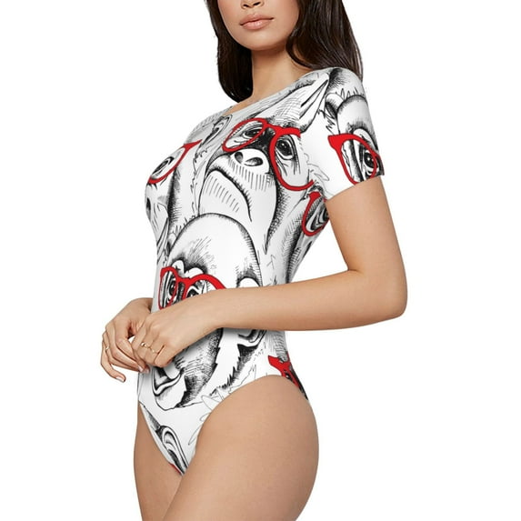 Uemuo Monkey Pattern Women's One Piece Short Sleeve Swimsuit Rash Guard Surfing Modest Quick-drying Swimsuit Beach Essentials-Medium