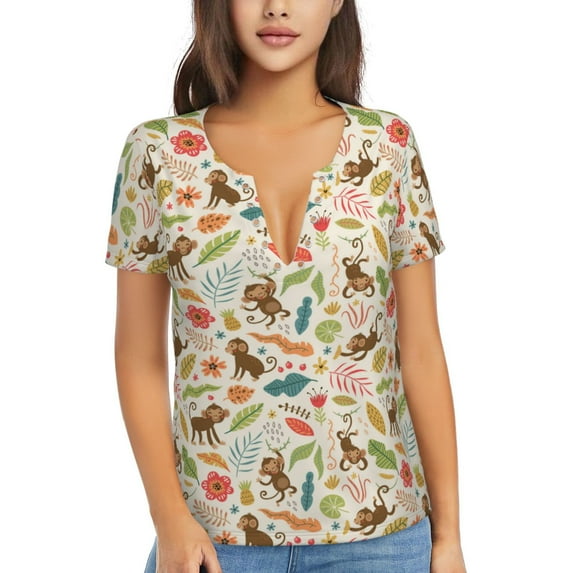 Uemuo Monkeys in the Jungle Drawing Women's Deep V-Neck Low Cut Tops - Casual Loose Fit with Stainless Steel Loop, Soft, Breathable, Perfect for Office, Travel, and Daily Wear-Small
