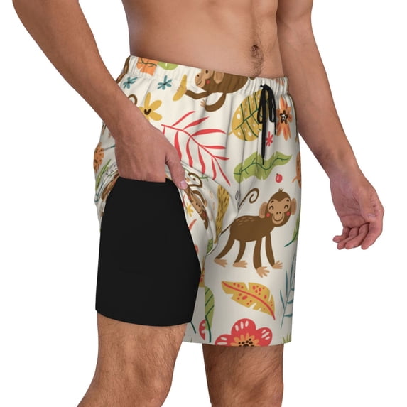 Uemuo Monkeys in the Jungle Pattern Mens Swim Trunks Quick Dry Board Shorts with Mesh Lining, Stretch Beach Shorts Quick Dry No-Chafing Board Shorts-Small