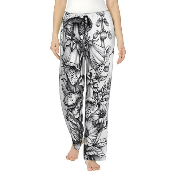 Uemuo Monochrome Botanical Illustration Pattern Women's Wide Leg Palazzo Lounge Pants with Pockets Light Weight Loose Comfy Casual Pajama Pants-XX-Large