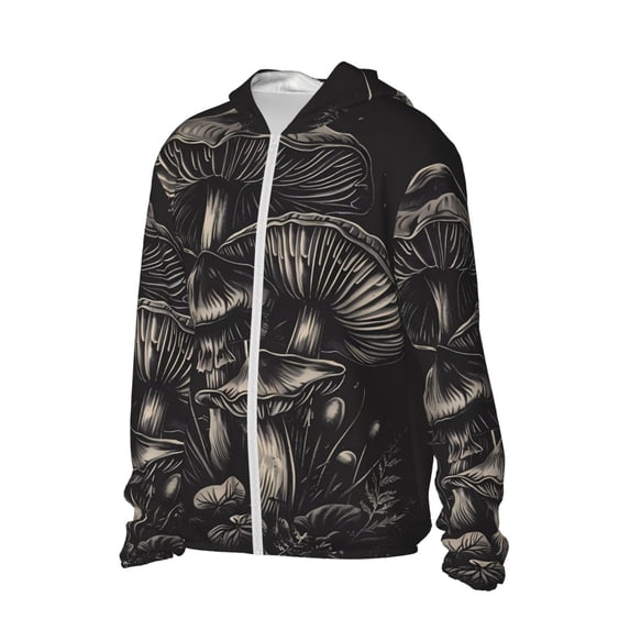 Uemuo Monochrome Mushroom Artwork Pattern Women's Full Zip UPF 50+ Sun Protection Hoodie Jacket Long Sleeve Sun Shirt Hiking Outdoor Performance with Pockets-
