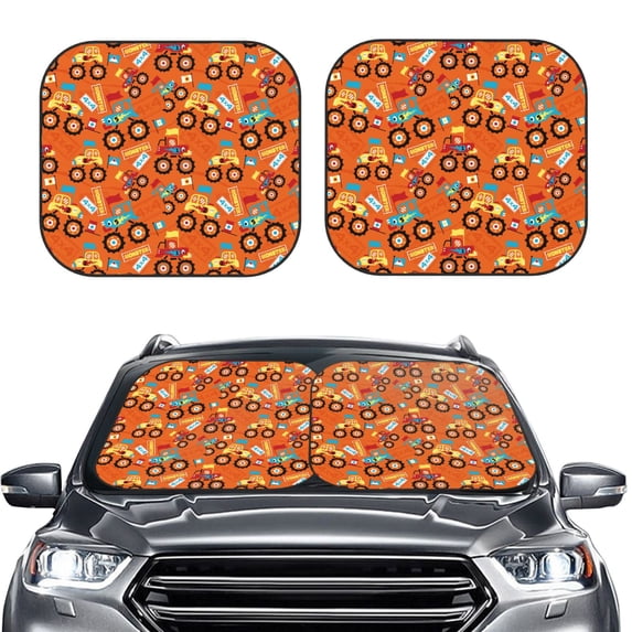 Uemuo Monster Truck,Truck Cartoon Printed 2 PCS Car Windshield Sun Shade, Auto Sun Heat and UV Rays Blocker, Foldable Automotive Front Window Sunshade Protector