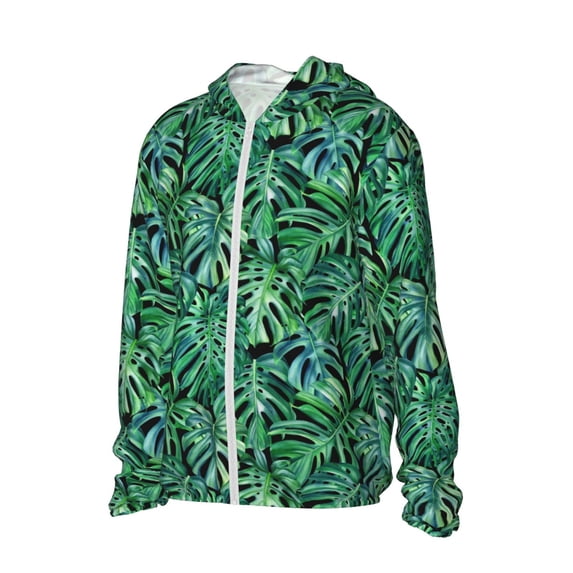 Uemuo Monstera Leaves Pattern Women's Full Zip UPF 50+ Sun Protection Hoodie Jacket Long Sleeve Sun Shirt Hiking Outdoor Performance with Pockets-