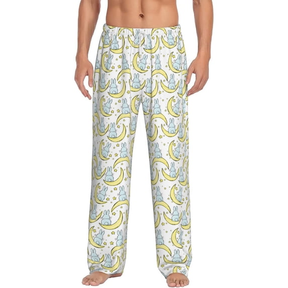 Uemuo Moon And Rabbit Pattern Men's Wide Leg Palazzo Lounge Pants with Pockets Light Weight Loose Comfy Casual Pajama Pants-Medium