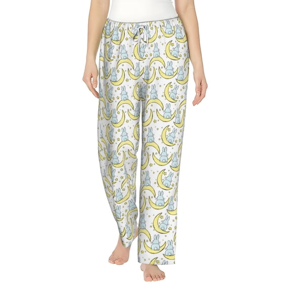 Uemuo Moon And Rabbit Pattern Women's Wide Leg Palazzo Lounge Pants with Pockets Light Weight Loose Comfy Casual Pajama Pants-Small