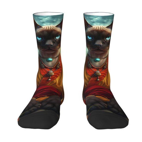 Uemuo Moonlit Hairless Cat Monk Pattern Women's Crew Socks, Soft Durable Breathable Moisture-Wicking with Odor Control Cotton socks
