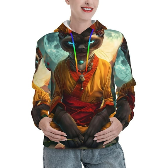 Uemuo Moonlit Hairless Cat Monk Pattern Women's Hoodie with Eye-catching Drawstrings- Casual Pullover Hoodie with Kangaroo Pocket, Stylish Hooded Sweatshirt-Medium