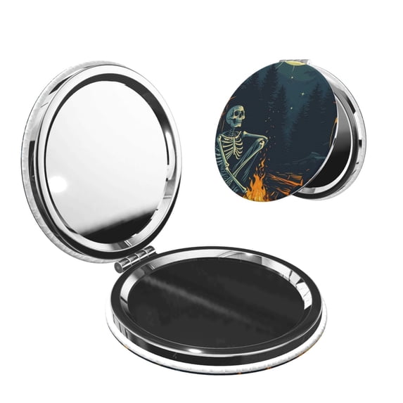 Uemuo Moonlit Skeleton Campfire Print Compact Portable Pocket Makeup Mirror - Leather Cover, Elegant Travel Cosmetic Mirror for Purse, Pocket, and Handbag-Round Shape