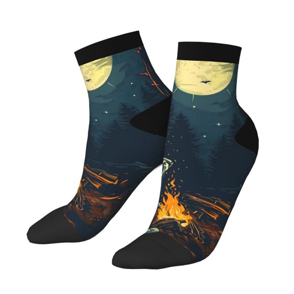 Uemuo Moonlit Skeleton Campfire Printed Crew Socks, Moisture-Wicking Socks, Athletic Socks for Men Breathable Cushion Socks Casual Sport Socks for Running Traveling