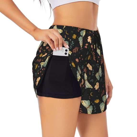 Uemuo Moth And Flowers Pattern Women's Athletic Shorts High Waisted Running Shorts with Liner Pockets Gym Elastic Workout Shorts-Small
