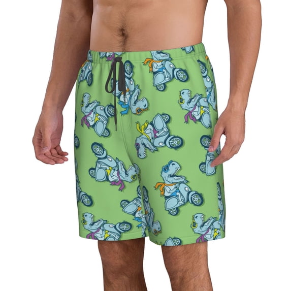 Uemuo Motorcycle Riding Dinosaur Pattern Men's Swim Trunks Hawaiian Beach Bathing Suit Swimsuits Beach Quick-Dry Shorts with Pockets-X-Large