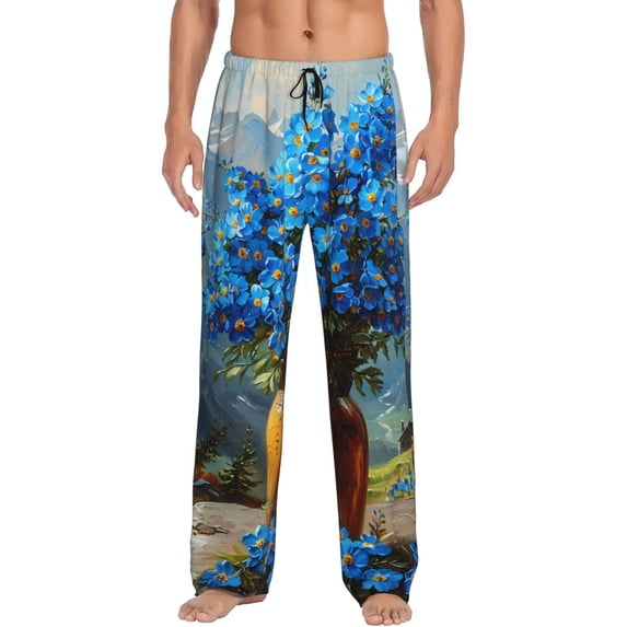 Uemuo Mountain Blue Flowers Vase Pattern Men's Wide Leg Palazzo Lounge Pants with Pockets Light Weight Loose Comfy Casual Pajama Pants-X-Large
