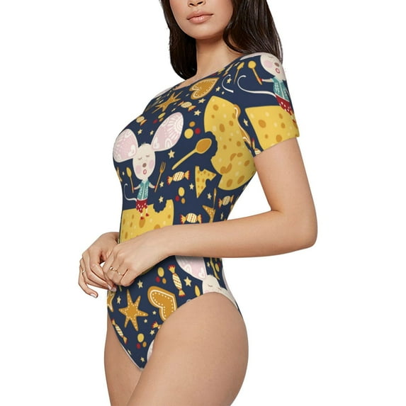 Uemuo Mouse Cheese Pattern Women's One Piece Short Sleeve Swimsuit Rash Guard Surfing Modest Quick-drying Swimsuit Beach Essentials-Small