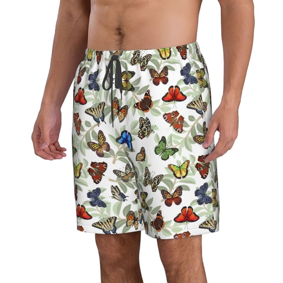 Uemuo Multicolored Butterflies Pattern Men's Swim Trunks Hawaiian Beach Bathing Suit Swimsuits Beach Quick-Dry Shorts with Pockets-Medium