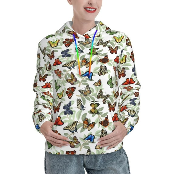Uemuo Multicolored Butterflies Pattern Women's Hoodie with Eye-catching Drawstrings- Casual Pullover Hoodie with Kangaroo Pocket, Stylish Hooded Sweatshirt-Large
