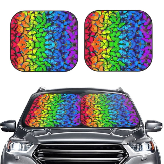 Uemuo Multicolored Butterflies Printed 2 PCS Car Windshield Sun Shade, Auto Sun Heat and UV Rays Blocker, Foldable Automotive Front Window Sunshade Protector