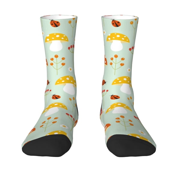Uemuo Mushroom Bee Pattern Women's Crew Socks, Soft Durable Breathable Moisture-Wicking with Odor Control Cotton socks