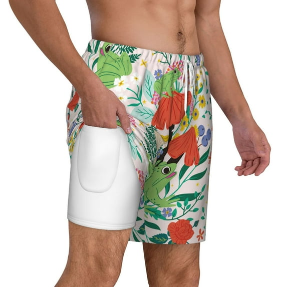 Uemuo Mushroom and Frogs Pattern Mens Swim Trunks Quick Dry Board Shorts with Mesh Lining, Stretch Beach Shorts Quick Dry No-Chafing Board Shorts-3X-Large