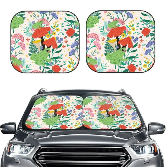Uemuo Mushroom and Frogs Printed 2 PCS Car Windshield Sun Shade, Auto Sun Heat and UV Rays Blocker, Foldable Automotive Front Window Sunshade Protector