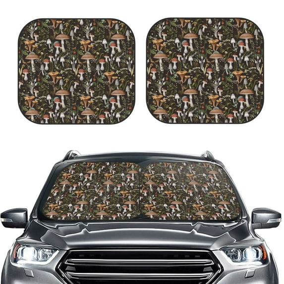 Uemuo Mushroom Garnish Printed 2 PCS Car Windshield Sun Shade, Auto Sun Heat and UV Rays Blocker, Foldable Automotive Front Window Sunshade Protector