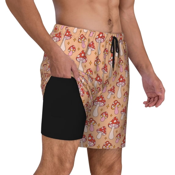 Uemuo Mushroom Pattern Mens Swim Trunks Quick Dry Board Shorts with Mesh Lining, Stretch Beach Shorts Quick Dry No-Chafing Board Shorts-Large