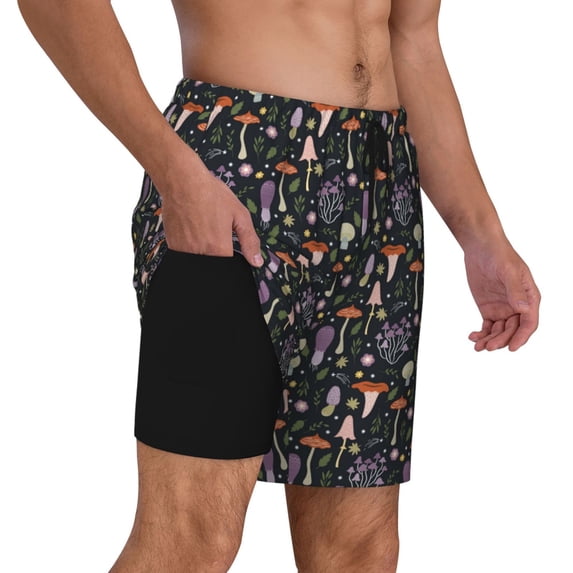 Uemuo Mushroom Pattern Mens Swim Trunks Quick Dry Board Shorts with Mesh Lining, Stretch Beach Shorts Quick Dry No-Chafing Board Shorts-Large