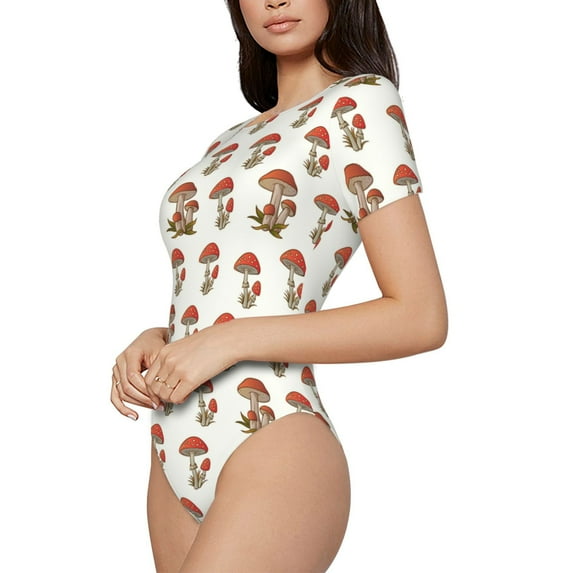 Uemuo Mushroom Pattern Women's One Piece Short Sleeve Swimsuit Rash Guard Surfing Modest Quick-drying Swimsuit Beach Essentials-