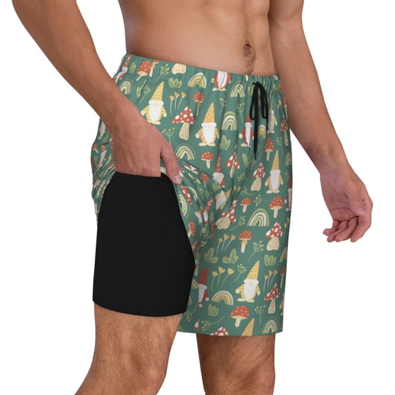 Uemuo Mushrooms Gnome Pattern Mens Swim Trunks Quick Dry Board Shorts with Mesh Lining, Stretch Beach Shorts Quick Dry No-Chafing Board Shorts-
