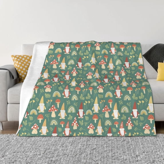 Uemuo Mushrooms Gnome Printed Throw Blanket for Couch, Fluffy Fuzzy Blankets for Bed, Sofa, Cozy Flannel Faux Fur Blanket-50"x40"