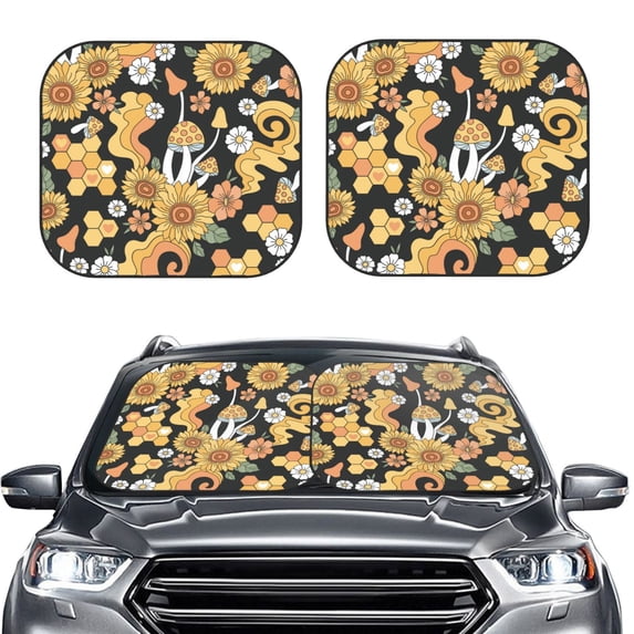 Uemuo Mushrooms Honeycomb Printed 2 PCS Car Windshield Sun Shade, Auto Sun Heat and UV Rays Blocker, Foldable Automotive Front Window Sunshade Protector