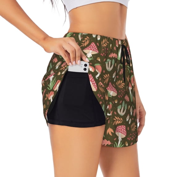 Uemuo Mushrooms and Autumn Pattern Women's Athletic Shorts High Waisted Running Shorts with Liner Pockets Gym Elastic Workout Shorts-Small