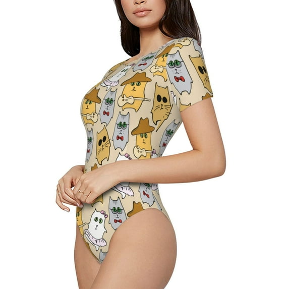 Uemuo Music Dancing Cat Pattern Women's One Piece Short Sleeve Swimsuit Rash Guard Surfing Modest Quick-drying Swimsuit Beach Essentials-Medium