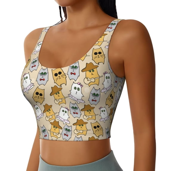 Uemuo Music Dancing Cat Pattern Women's Sports Bra - High Impact Support, Breathable, and Comfortable Athletic Bra for Running, Yoga, and Workouts