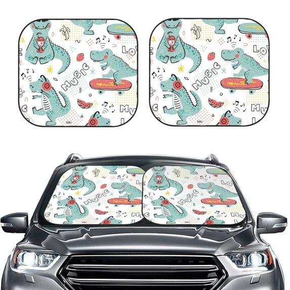 Uemuo Music Lover Dinosaur Printed 2 PCS Car Windshield Sun Shade, Auto Sun Heat and UV Rays Blocker, Foldable Automotive Front Window Sunshade Protector