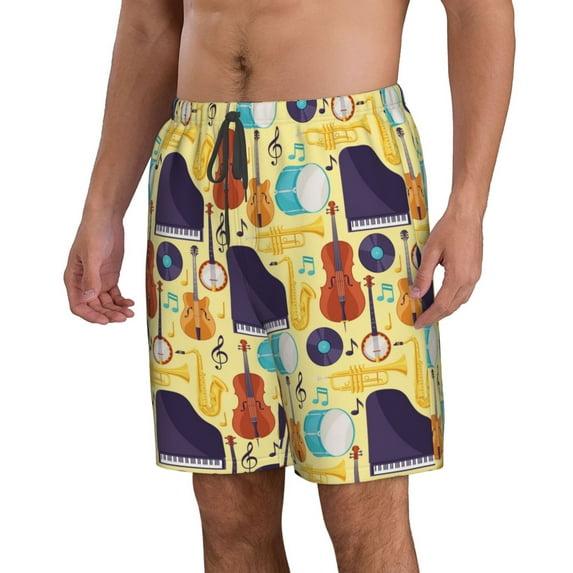 Uemuo Musical Instruments Pattern Men's Swim Trunks Hawaiian Beach Bathing Suit Swimsuits Beach Quick-Dry Shorts with Pockets-3X-Large