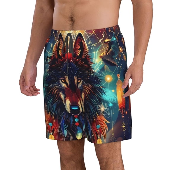 Uemuo Mystic Wolf Dreamcatcher Pattern Men's Swim Trunks Hawaiian Beach Bathing Suit Swimsuits Beach Quick-Dry Shorts with Pockets-XX-Large