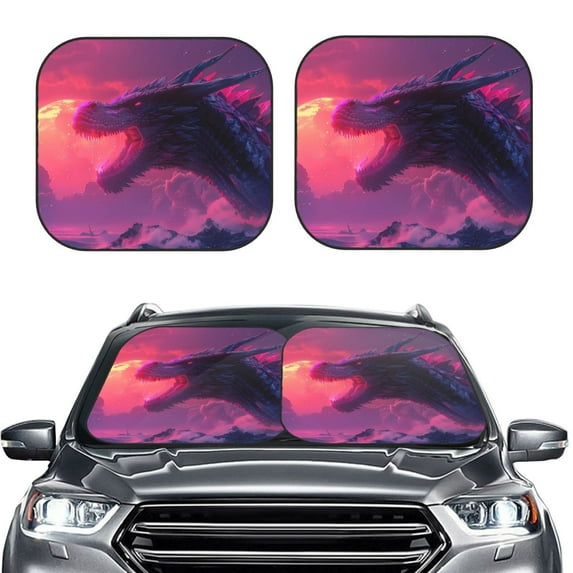 Uemuo Mystical Dragon Under Moon Printed 2 PCS Car Windshield Sun Shade, Auto Sun Heat and UV Rays Blocker, Foldable Automotive Front Window Sunshade Protector