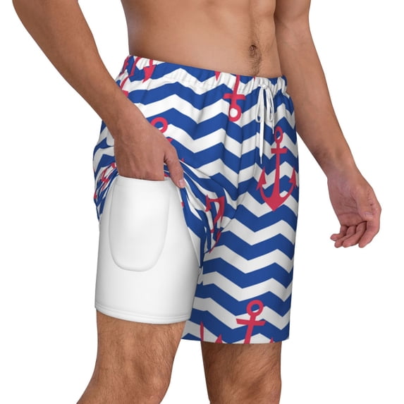 Uemuo Nautical Anchors Pattern Mens Swim Trunks Quick Dry Board Shorts with Mesh Lining, Stretch Beach Shorts Quick Dry No-Chafing Board Shorts-Medium