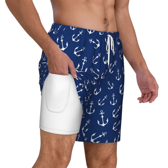 Uemuo Nautical Anchors Pattern Mens Swim Trunks Quick Dry Board Shorts with Mesh Lining, Stretch Beach Shorts Quick Dry No-Chafing Board Shorts-X-Large