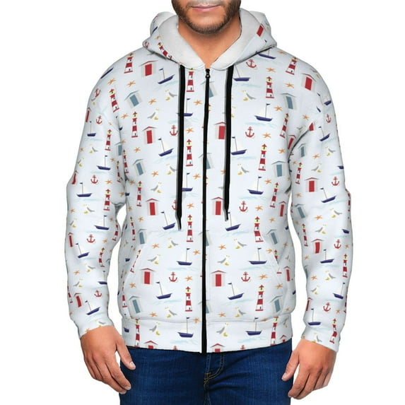 Uemuo Nautical Lighthouse Sailboat for Men's Fashion Full-zip Hoodies & Sweatshirts with Kangaroo Pocket, Zip-up Hooded Sweatshirt, Moisture Wicking & Breathable-XX-Large