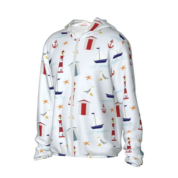 Uemuo Nautical Lighthouse Sailboat Pattern Women's Full Zip UPF 50+ Sun Protection Hoodie Jacket Long Sleeve Sun Shirt Hiking Outdoor Performance with Pockets-XX-Large