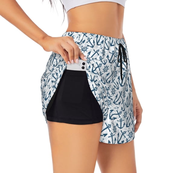 Uemuo Nautical Theme Anchors Pattern Women's Athletic Shorts High Waisted Running Shorts with Liner Pockets Gym Elastic Workout Shorts-X-Large
