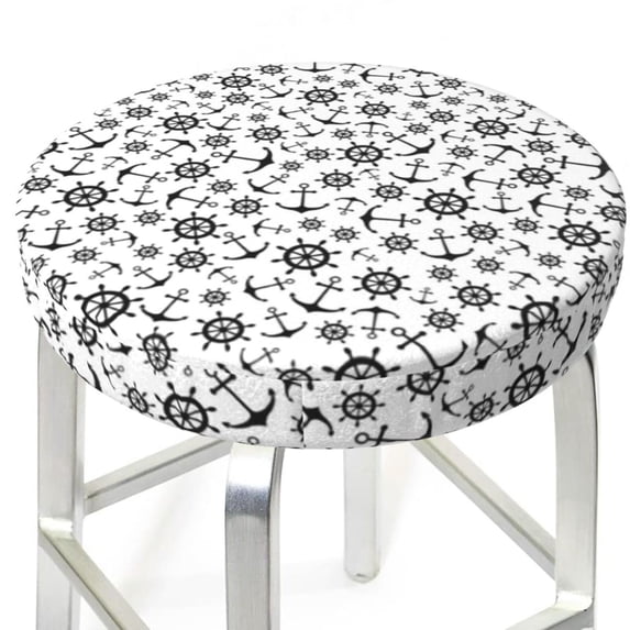Uemuo Nautical Themed Simple Anchors Pattern Round Bar Stool Seat Covers Washable Stool Cushion Slipcover Elastic Bar Chair Covers-13 inch