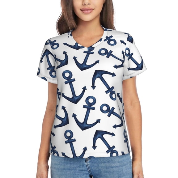 Uemuo Navy Blue Anchors Printed Women's Classic V-Neck T-Shirt - Soft, Breathable, Moisture-Wicking, Perfect for Casual, Office, Travel, and Everyday Wear-Medium