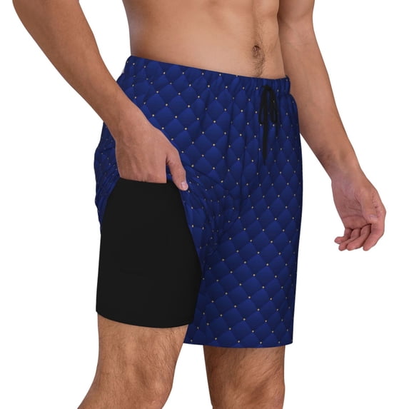 Uemuo Navy Blue Pattern Mens Swim Trunks Quick Dry Board Shorts with Mesh Lining, Stretch Beach Shorts Quick Dry No-Chafing Board Shorts-X-Large